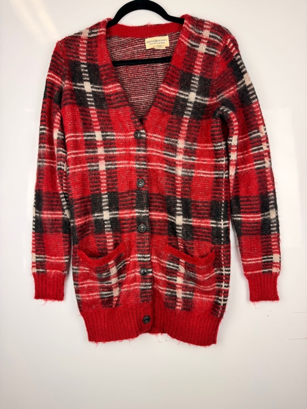 Vintage Denim & Supply Ralph Lauren Sz XS Red Plaid Button Front Cardigan Soft